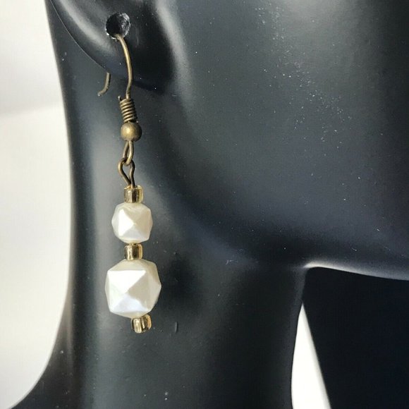 Vintage Cream White Bead Earrings MCM Upcycled 60's Geometric Beads Gold Plated - Picture 3 of 10